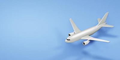 White airplane on blue background with copy space. 3d render