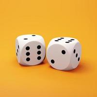 Close-up of two white dice against orange background. 3d render photo