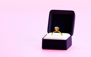 Diamond engagement ring in blue box. 3D Rendering photo