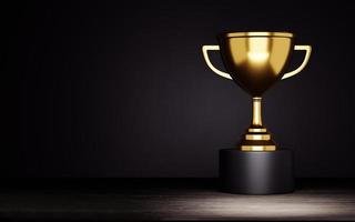 Golden trophy cup on wood. 3d render photo