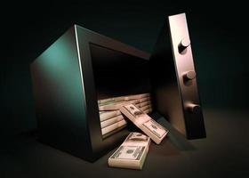 Cash Money Safe Deposit. Small Residential Vault with Pile of Cash Money. 3d render photo