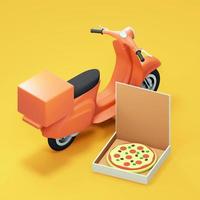 scooter de entrega de pizza y caja de pizza. renderizado 3d foto
