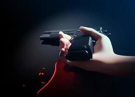 hand of young man and gun with blood on floor. 3d illustration photo