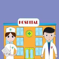 Medical personnel stand in front of the hospital building. A doctor and a nurse stand in front of the clinic building. Cartoon vector illustration in a flat style