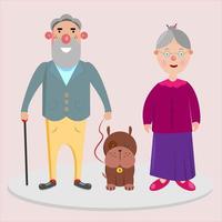 Elderly couple dog walk. Flat illustration with elderly couple dog walk for healthy lifestyle design. Vector flat illustration. Happy family illustration