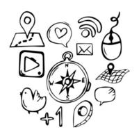 Compass, cloud for chat, map, navigation drawn in doodles style. Vector illustration