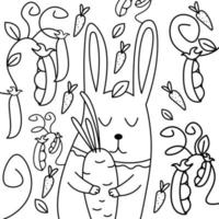 Bunny with carrots and peas children's coloring in vector format