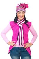 Attractive model woman in pink knitted clothes photo