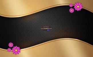 abstract golden curve luxury with pink flower, line wave. Black hexagon pattern on dark background. Vector illustration