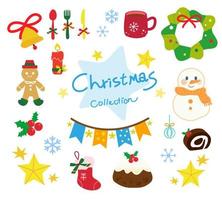 Vector illustration of retro cute Christmas set. Christmas ornaments, Christmas pudding, snowman, mistletoe, Christmas stocking, Christmas wreath, gifts, celebration banner