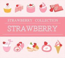Set of strawberry cake dessert material on pink background vector
