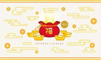 Fortune bag fortune ingot and new year cloud design, word fortune written in Chinese characters vector