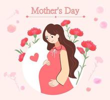 Pregnant woman, cartoon character in flat style. Beauty waiting for baby. Mother's Day card full of flowers vector