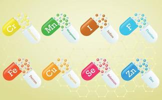 Biologically important elements, trace elements and other active substances. Set of multi-colored capsules, tablets, pills. Medical poster. Vector illustration