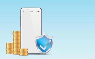 Phone, coin and shield with security check on a blue gradient background. Mobile banking and online payments. Technology protection concept. Smartphone saves money. copy space. Vector illustration
