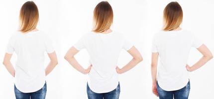 collage three woman in tshirt isolated on white background, girl t shirt photo