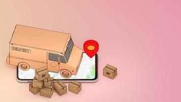 Mobile phone and truck van with many paper box and red pin pointers.,Online mobile application order transportation service and Shopping online and Delivery concept.,3D rendering. photo