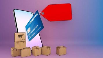 Credit card of ejected from a mobile phone and many parcel box.,Online mobile application order transportation service and Shopping online and Delivery concept.,3D rendering. photo