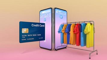 la tarjeta de crédito y la ropa en una percha aparecieron en la pantalla de los teléfonos inteligentes., compras en línea o concepto de adicto a las compras., ilustración 3d con ruta de recorte de objetos. foto