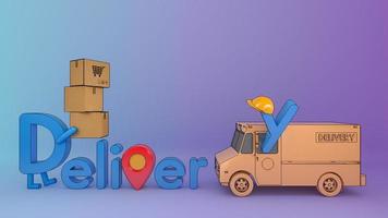 fuente de entrega de dibujos animados de personajes con camioneta y muchas cajas de paquetes., servicio de transporte de pedidos de aplicaciones móviles en línea, representación 3d. foto