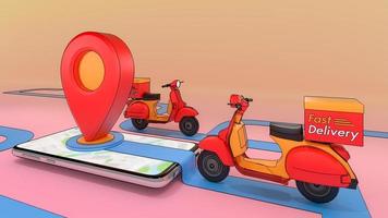 scooter de expulsado de un teléfono móvil.,servicio de transporte de pedidos de aplicaciones móviles en línea.,concepto de servicio de entrega rápida y compras en línea.,ilustración 3d con ruta de recorte de objetos. foto