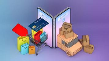 Colourful paper shopping bags and credit card in a cart with Truck van appeared from smartphones screen.,Online mobile application order Shopping online and Delivery concept.,3D rendering. photo