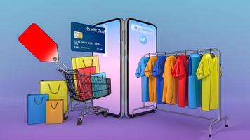 muchas bolsas de compras y etiquetas de precios en un carrito de compras y ropa en una percha aparecieron en la pantalla de los teléfonos inteligentes, compras en línea o concepto de adicto a las compras, ilustración 3d con ruta de recorte de objetos. foto