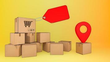 muchas cajas de paquetes con etiqueta de precio y punteros rojos.,servicio de transporte de pedidos de aplicaciones móviles en línea y compras en línea y concepto de entrega.,representación 3d. foto