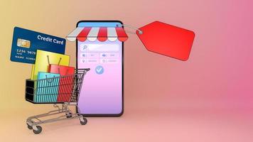 muchas bolsas de compras y etiquetas de precios y tarjetas de crédito en un carrito de compras aparecieron en la pantalla de los teléfonos inteligentes, compras en línea o concepto de adicto a las compras, ilustración 3d con ruta de recorte de objetos.