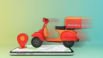 Moving scooter on mobile phone with red pinpoint.,Concept of fast delivery service and Shopping online.,3d illustration with object clipping path. photo