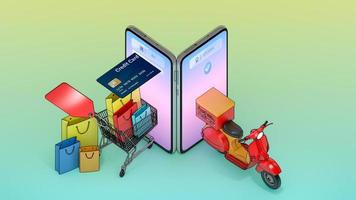 Colourful paper shopping bags and credit card in a cart with scooter appeared from smartphones screen.,Concept of fast delivery service and Shopping Online.,3d illustration with object clipping path. photo