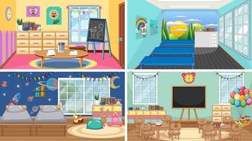 Set of different kindergarten classroom scenes vector