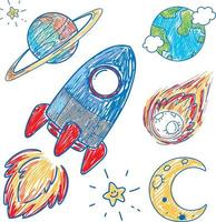Coloured hand drawn spaceship collection vector