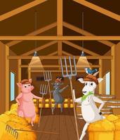 Barn indoor scene with farm animals vector