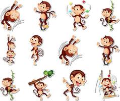 Sticker set of funny monkey cartoon characters vector