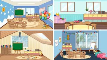 Set of different kindergarten classroom scenes vector