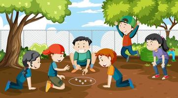 Children playing jack stones at the park vector