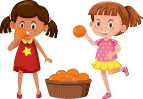 Two girls holding oranges vector