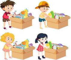 Set of different kids putting their toys in boxes vector