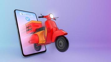 Scooter of ejected from a mobile phone.,Concept of fast delivery service and Shopping online.,3d illustration with object clipping path. photo