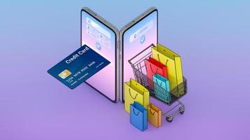 Many Shopping bag and price tag and credit card in a shopping cart appeared from smartphones screen., shopping online or shopaholic concept.,3d illustration with object clipping path. photo