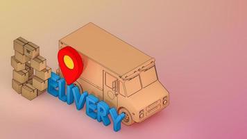 la caja del paquete está dispuesta en forma de anuncio con fuente de entrega y punteros rojos, compras en línea y concepto de entrega, representación 3d. foto