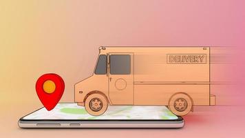 furgoneta de camión en movimiento en el teléfono móvil con punto rojo.,servicio de transporte de pedidos de aplicaciones móviles en línea y compras en línea y concepto de entrega.,representación 3d.