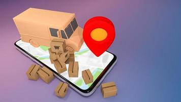 Mobile phone and truck van with many paper box and red pin pointers.,Online mobile application order transportation service and Shopping online and Delivery concept.,3D rendering. photo