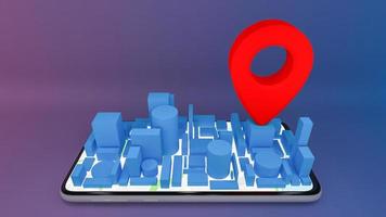 mapa de la ciudad digital móvil con punteros rojos, concepto de entrega, representación 3d.