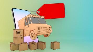 furgoneta de camión expulsada de un teléfono móvil con muchas cajas de paquetes.,servicio de transporte de pedidos de aplicaciones móviles en línea y compras en línea y concepto de entrega.,representación 3d. foto