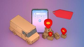 teléfono móvil y camioneta con muchas cajas de papel y punteros rojos., servicio de transporte de pedidos de aplicaciones móviles en línea y compras en línea y concepto de entrega., representación 3d.