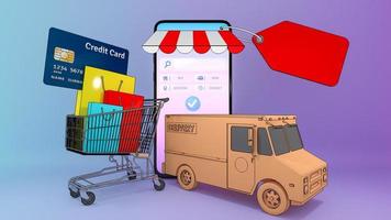 Colourful paper shopping bags and credit card in a cart with Truck van appeared from smartphones screen.,Online mobile application order Shopping online and Delivery concept.,3D rendering.