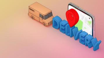 Mobile phone and truck van with Delivery font and red pin pointers.,Online mobile application order transportation service and Shopping online and Delivery concept.,3D rendering. photo