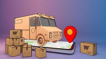 Mobile phone and truck van with many paper box and red pin pointers.,Online mobile application order transportation service and Shopping online and Delivery concept.,3D rendering. photo